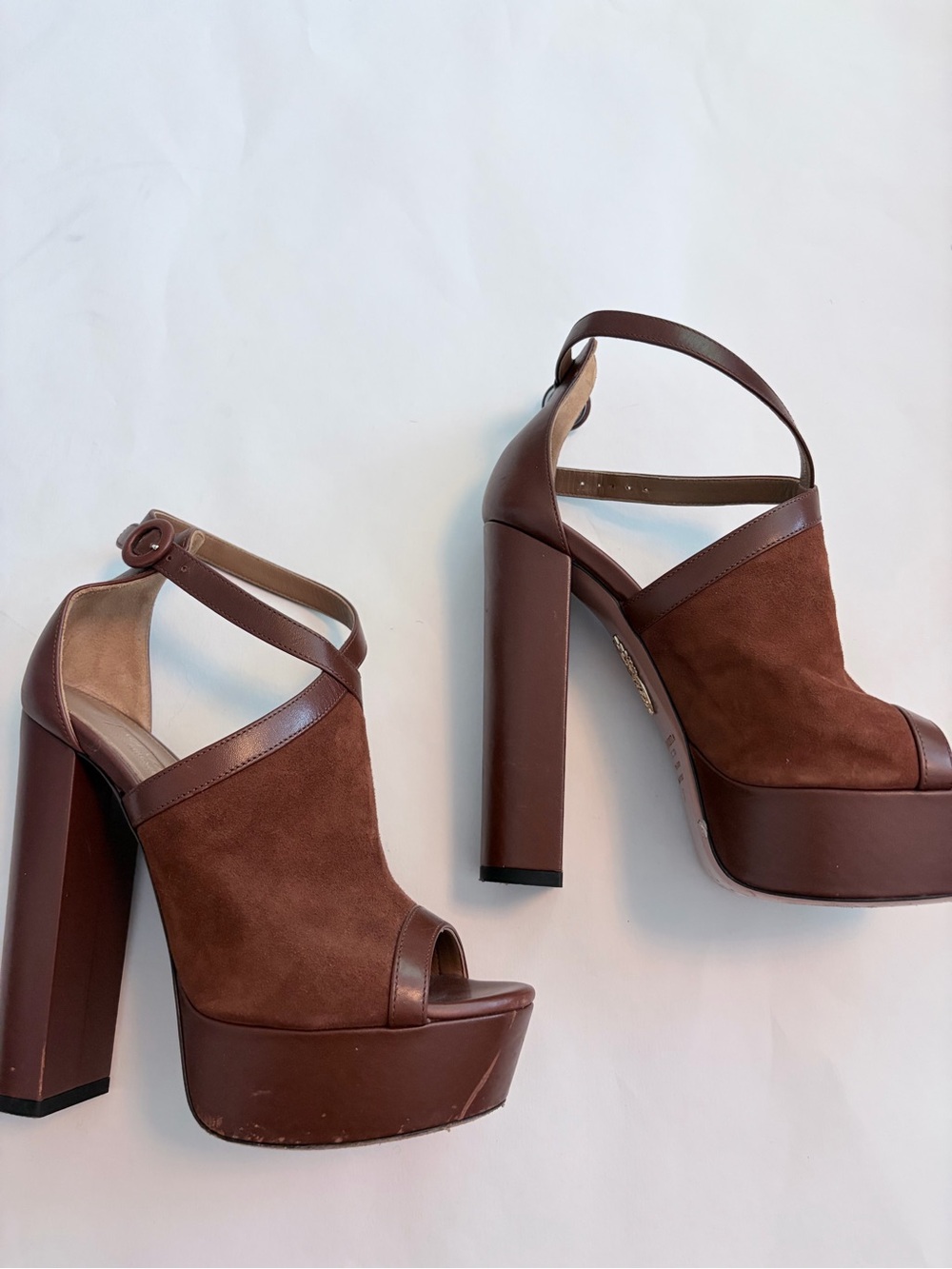 AQUAZZURA ISSA BROWN SUEDE LEATHER PLATFORM SANDALS EU 37